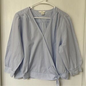 H&M Womens Size 12 Tie Front Striped Blouse Cotton Blue White